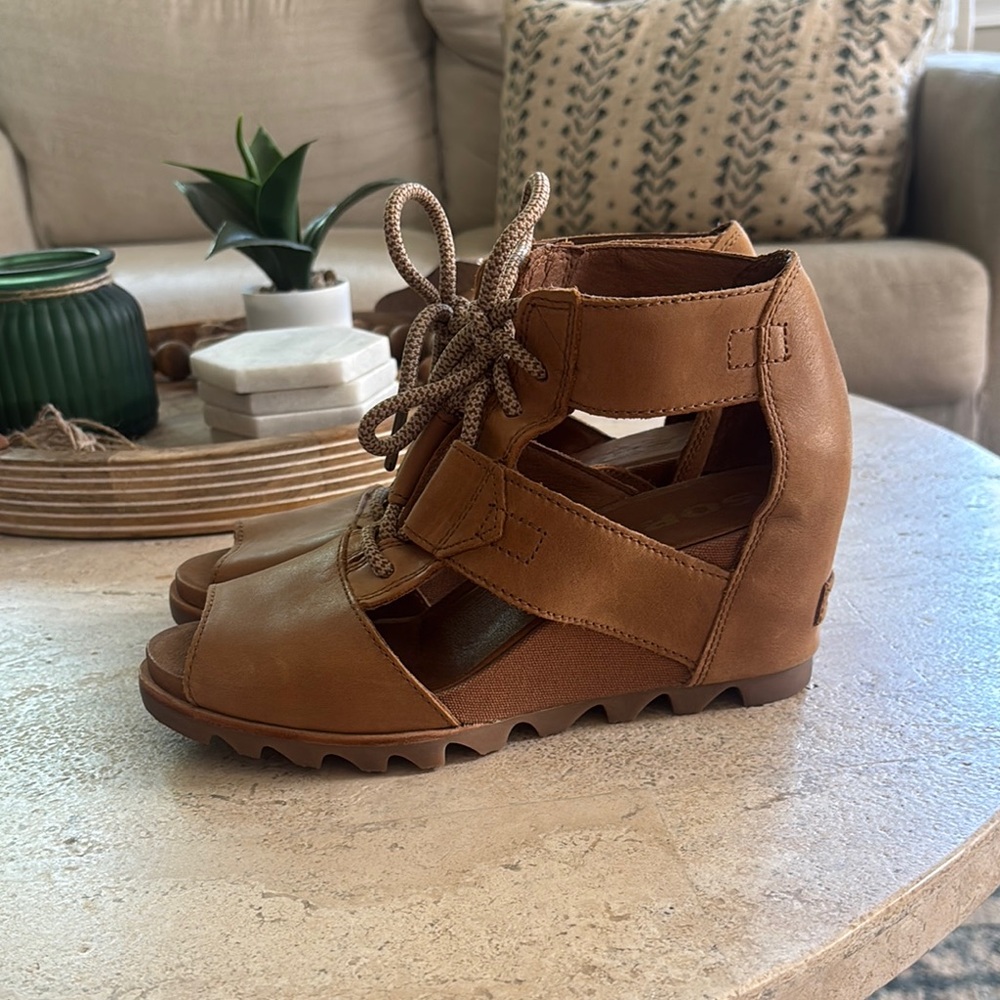 Sorel Joanie Brown Lace-Up Wedge Sandals - Picture 2 of 7